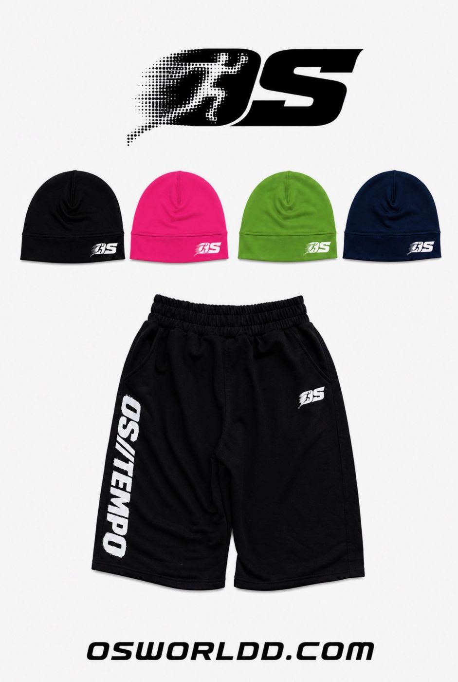 OS beanies in four colors and OS//TEMPO shorts