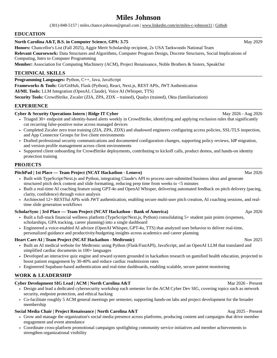 Miles Johnson resume, page 1